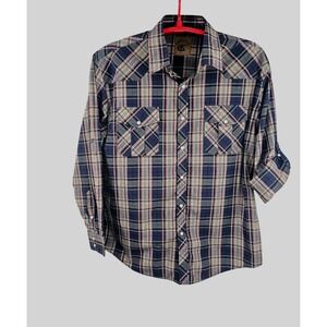 Coevals Club Pearl Snap Shirt Size XL Long Roll Tab Sleeves Red‎ Blue Plaid